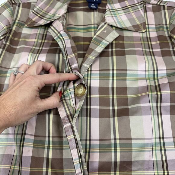 GAP Y2K Multicolor Plaid Lightweight Trench Coat Collared Buttons Size XS Poly - Picture 7 of 14